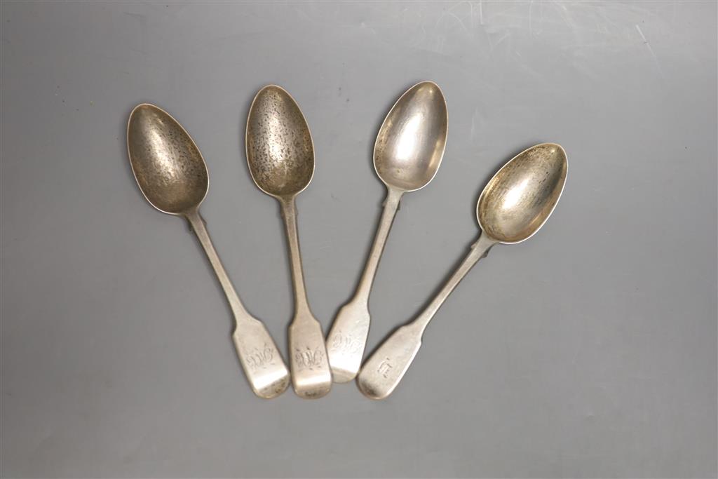 Four assorted 19th century silver fiddle pattern dessert spoons, etc.